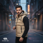 Khaki Urban Street Vest – Cotton Padded Hooded Waistcoat with Multi-Pocket Design - Image 3